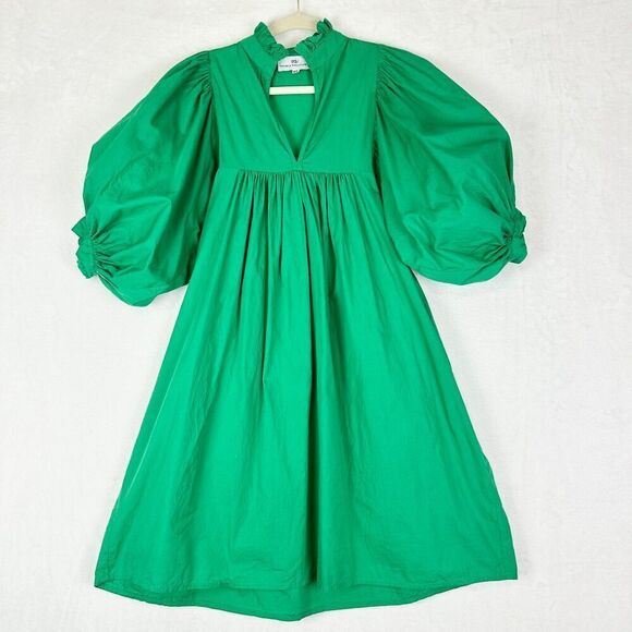 Never A Wallflower High Neck Dress Size XS Green Poplin Cotton Puff Sleeve